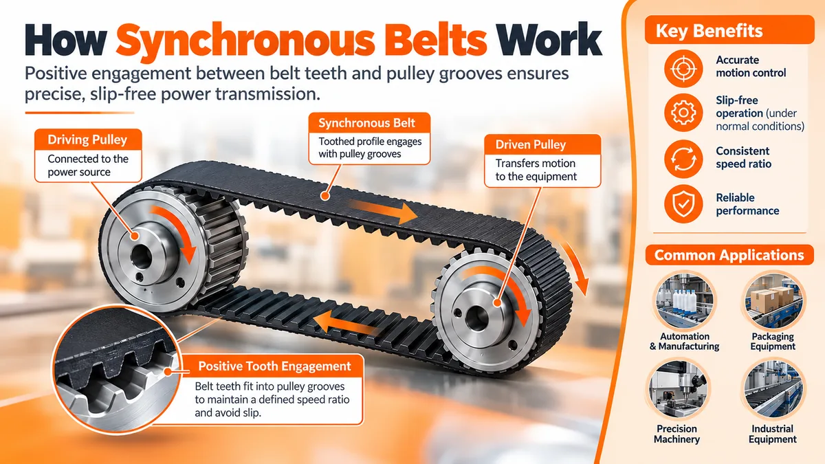 Diagram showing a synchronous belt transferring motion between driving and driven toothed pulleys through positive tooth engagement.
