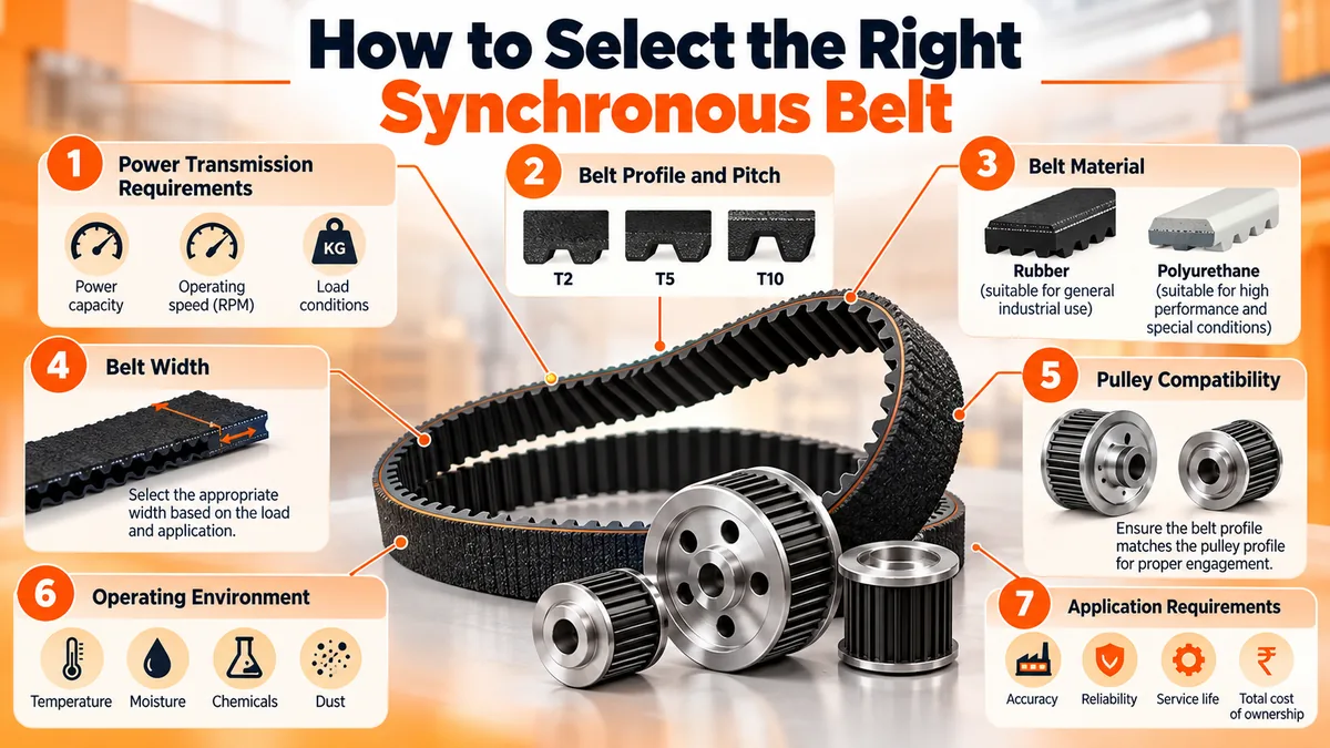 Infographic showing seven factors for selecting a synchronous belt, including power, profile, material, width, pulley, and environment.