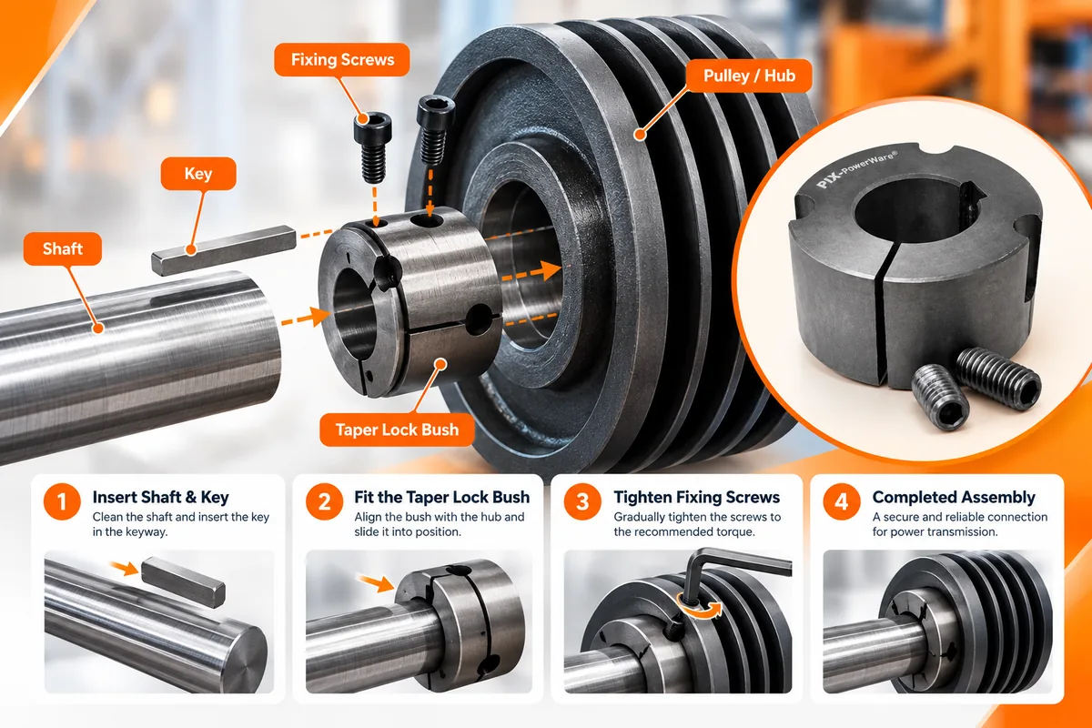 Taper Lock Bush installation showing shaft, key, pulley hub and fixing screws for secure power transmission and proper component alignment.