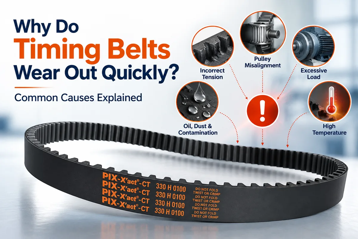 Why do timing belts wear out quickly, showing common causes including misalignment, tension, and excessive load